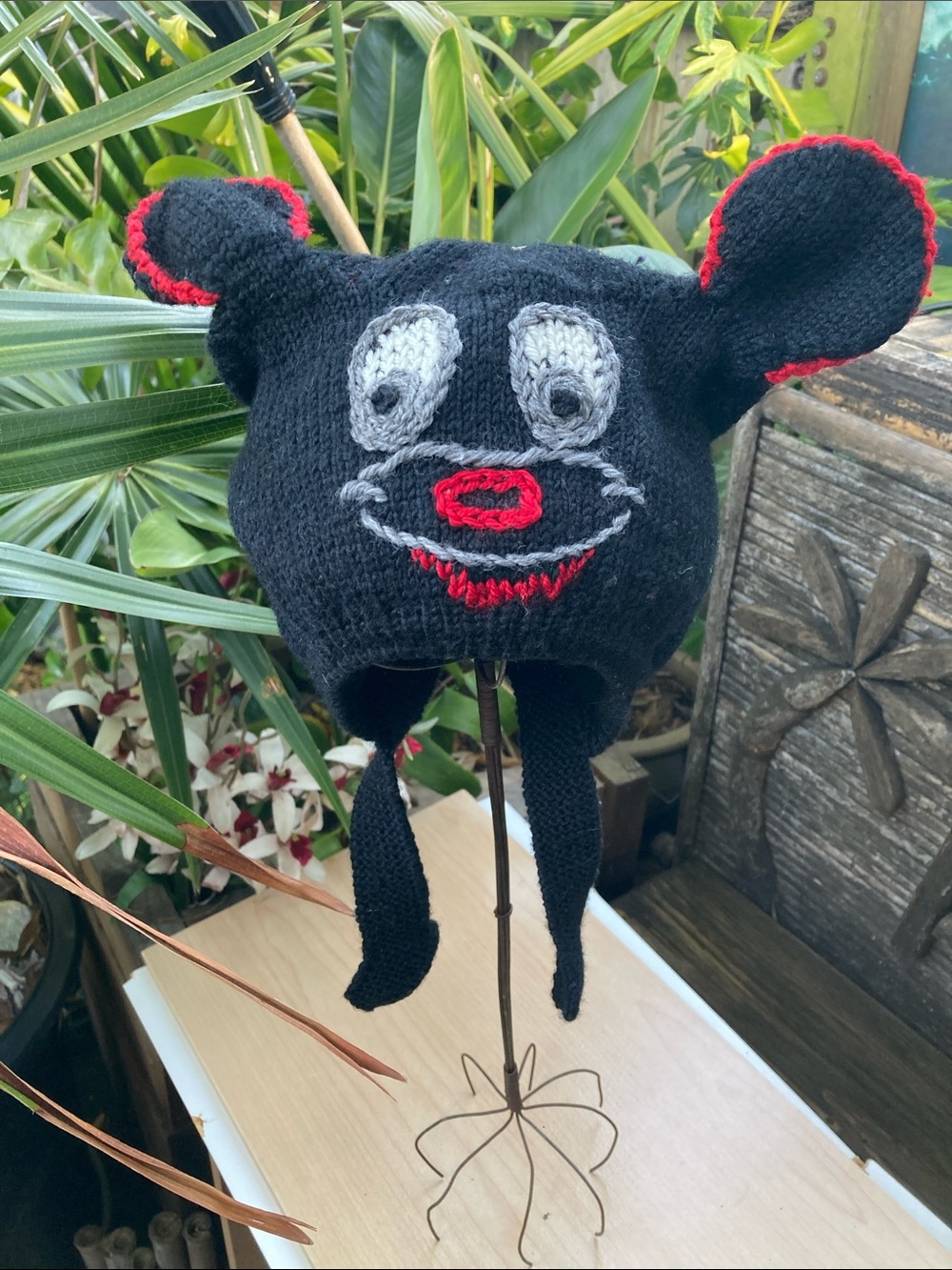 Black Knit Kids Earflap Hat with Red Trim and Character Face